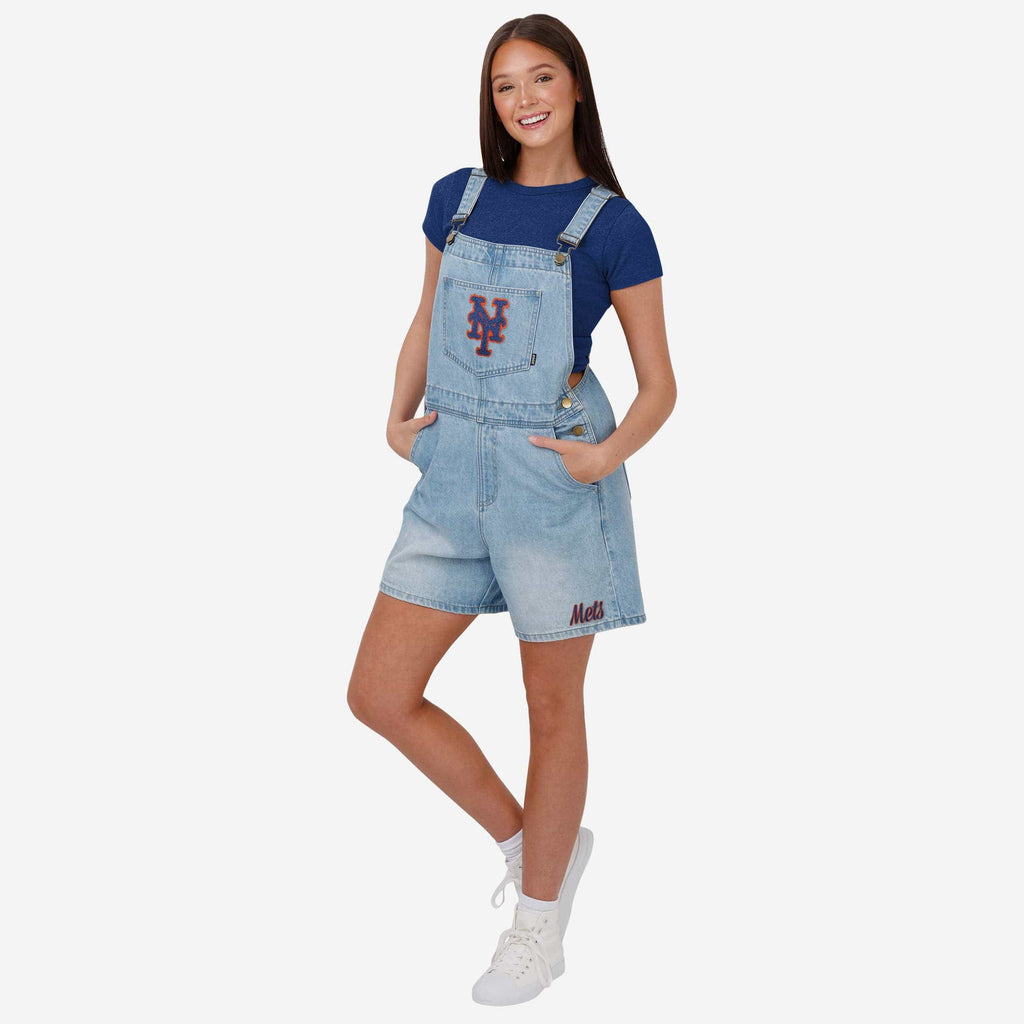 New York Mets Womens Big Logo Denim Bib Shortalls FOCO XS - FOCO.com
