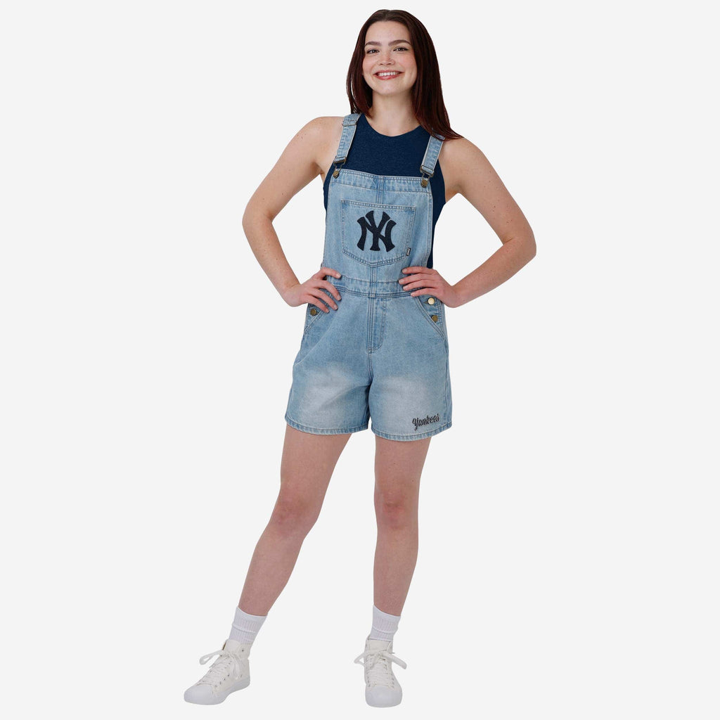 New York Yankees Womens Big Logo Denim Bib Shortalls FOCO XS - FOCO.com