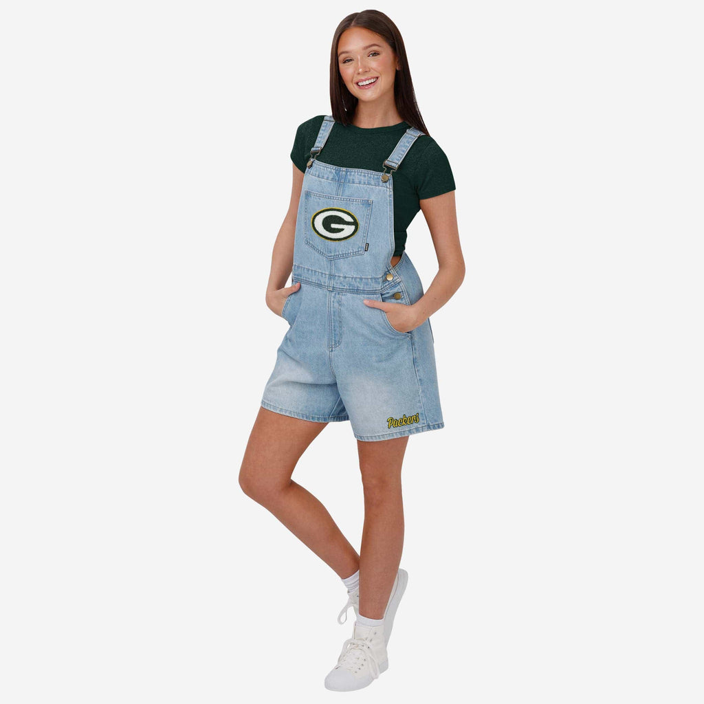 Green Bay Packers Womens Big Logo Denim Bib Shortalls FOCO XS - FOCO.com
