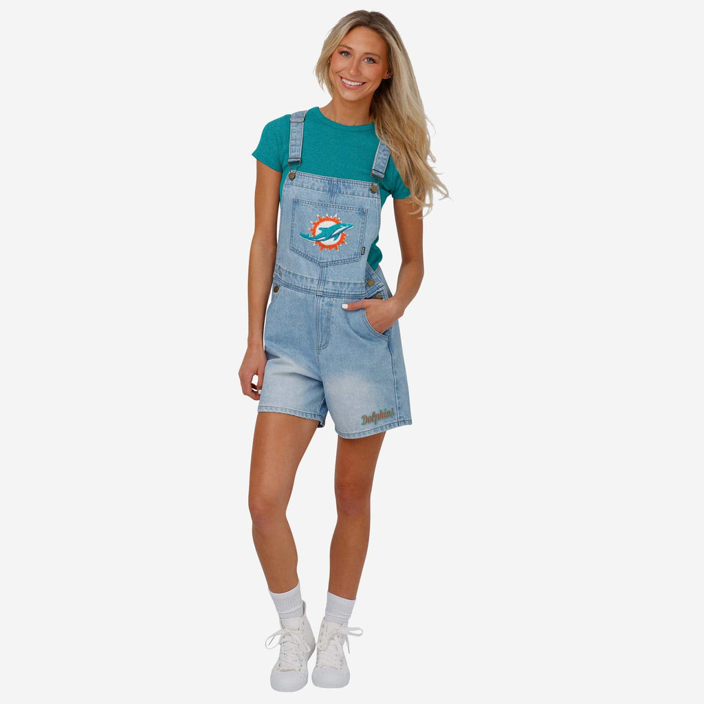 Miami Dolphins Womens Big Logo Denim Bib Shortalls FOCO M - FOCO.com