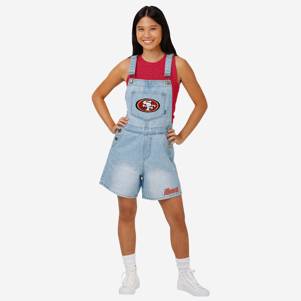 San Francisco 49ers Womens Big Logo Denim Bib Shortalls FOCO XS - FOCO.com