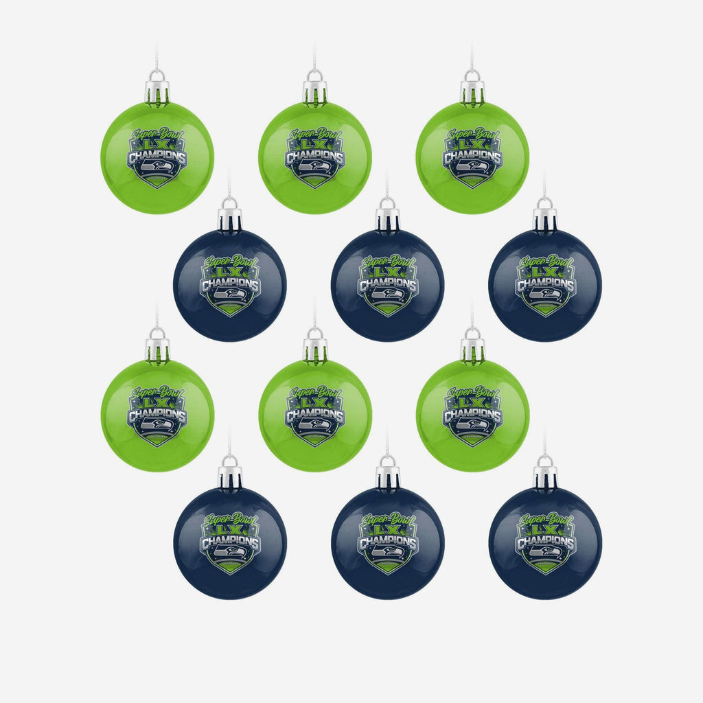 Seattle Seahawks Super Bowl LX Champions 12 Pack Plastic Ball Ornament Set FOCO - FOCO.com