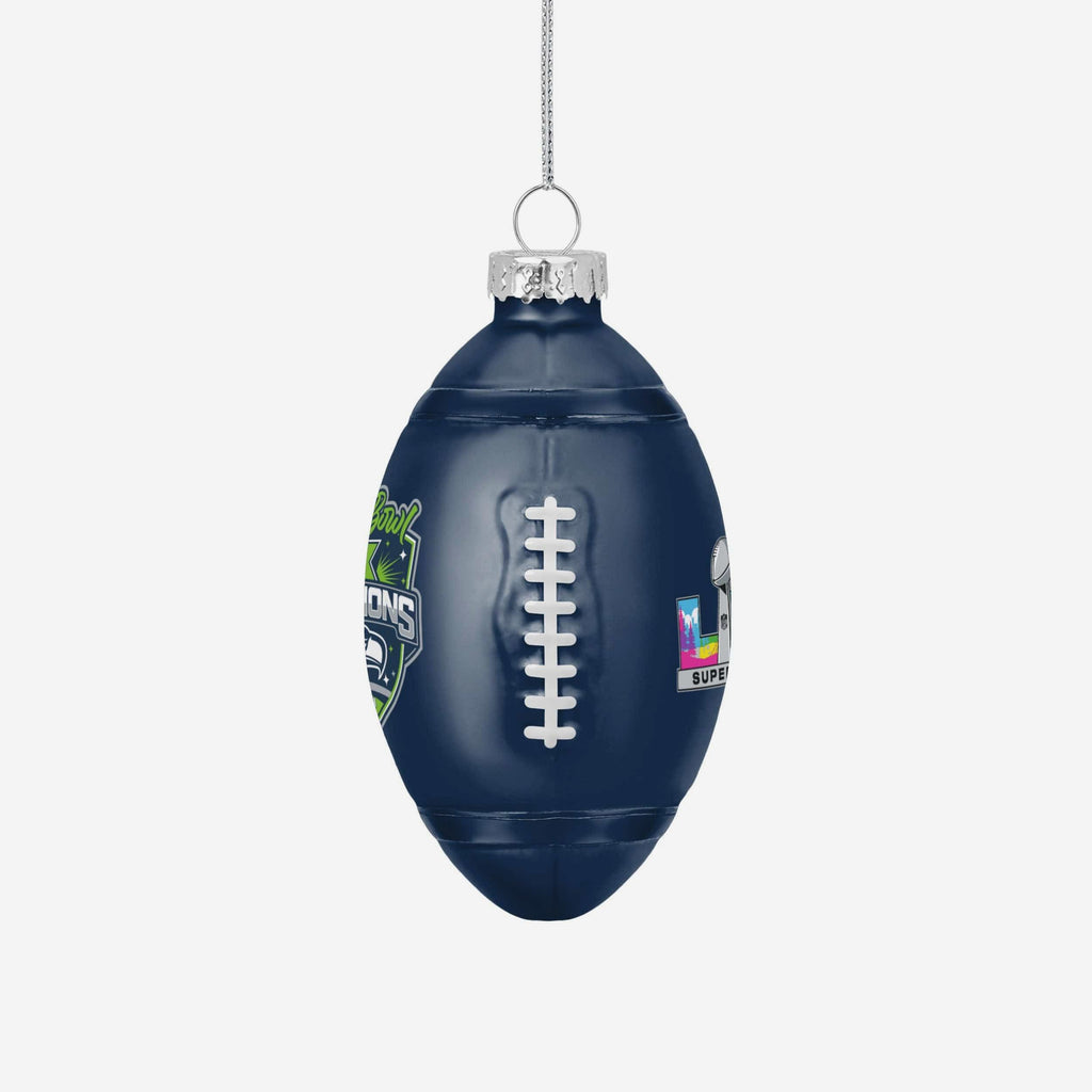 Seattle Seahawks Super Bowl LX Champions Blown Glass Football Ornament FOCO - FOCO.com