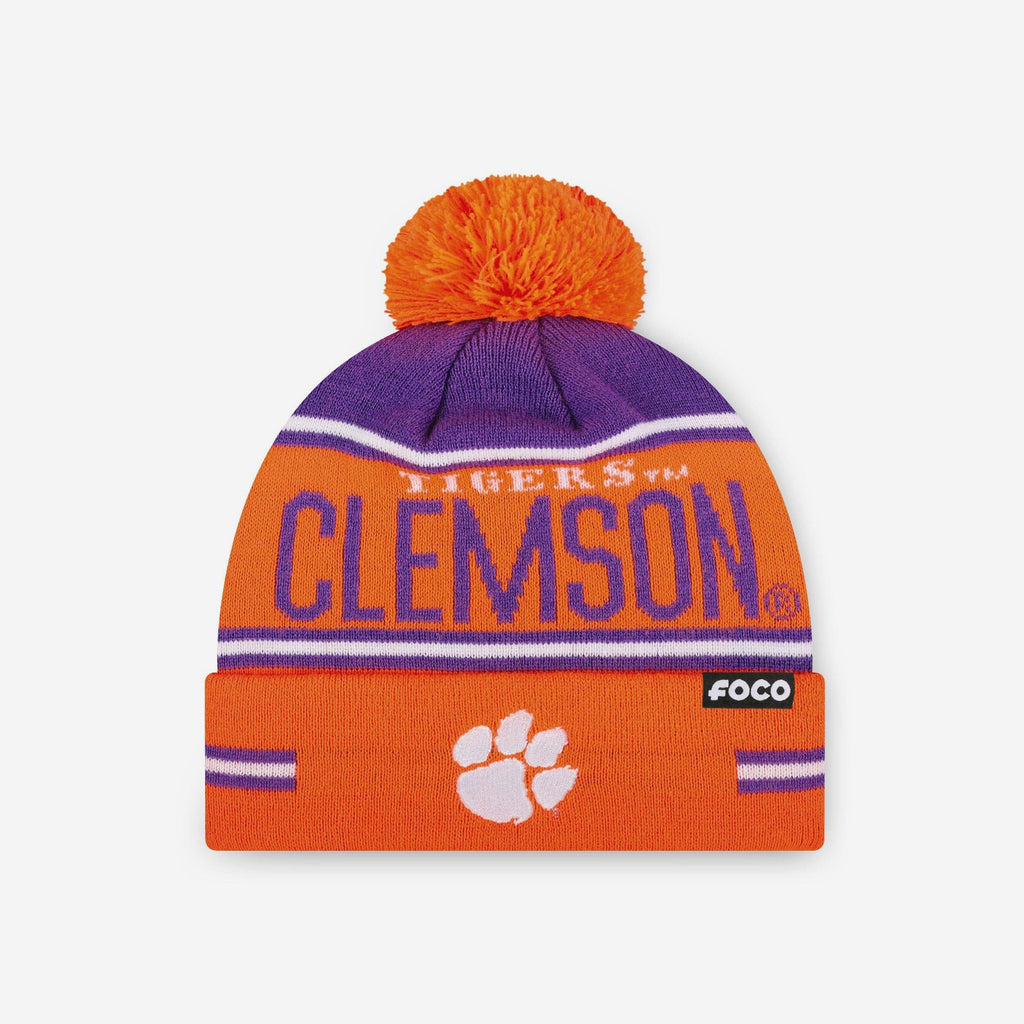 Clemson Tigers Big Wordmark Stripe Pom Beanie FOCO - FOCO.com