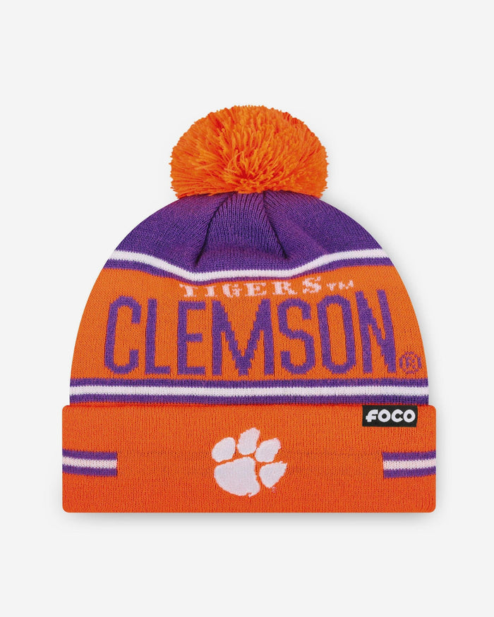 Clemson Tigers Big Wordmark Stripe Pom Beanie FOCO - FOCO.com