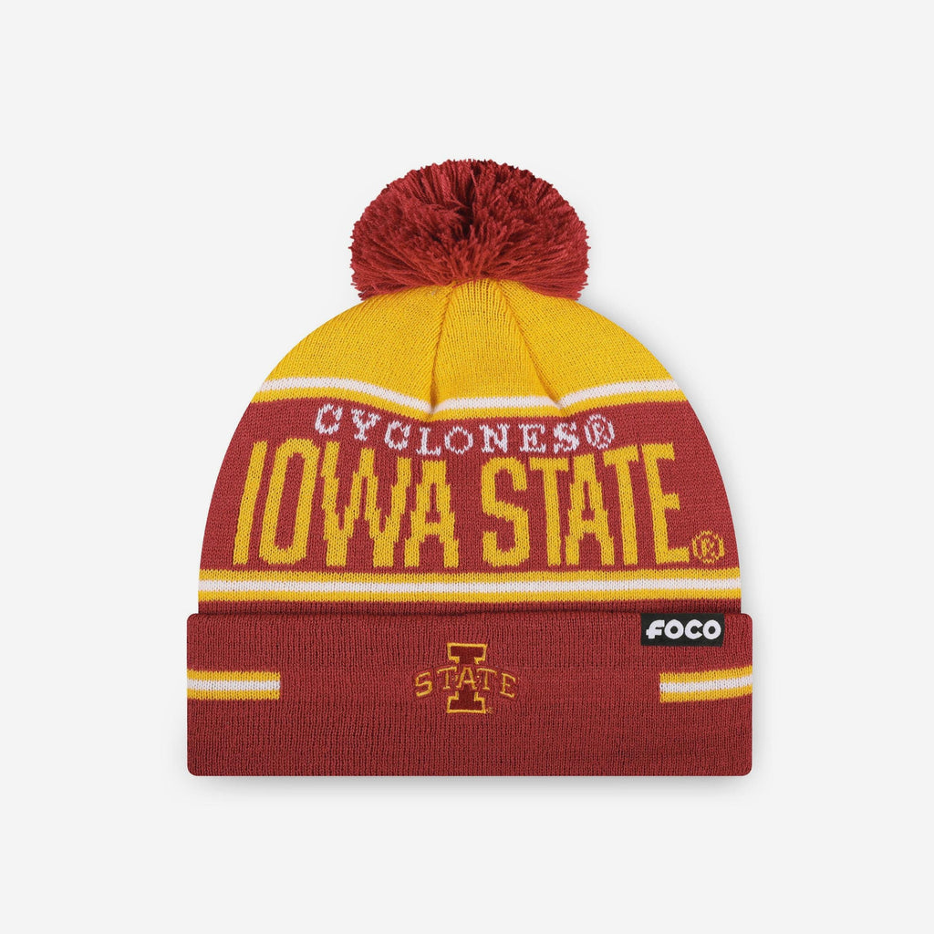 Iowa State Cyclones Big Wordmark Stripe Pom Beanie FOCO - FOCO.com