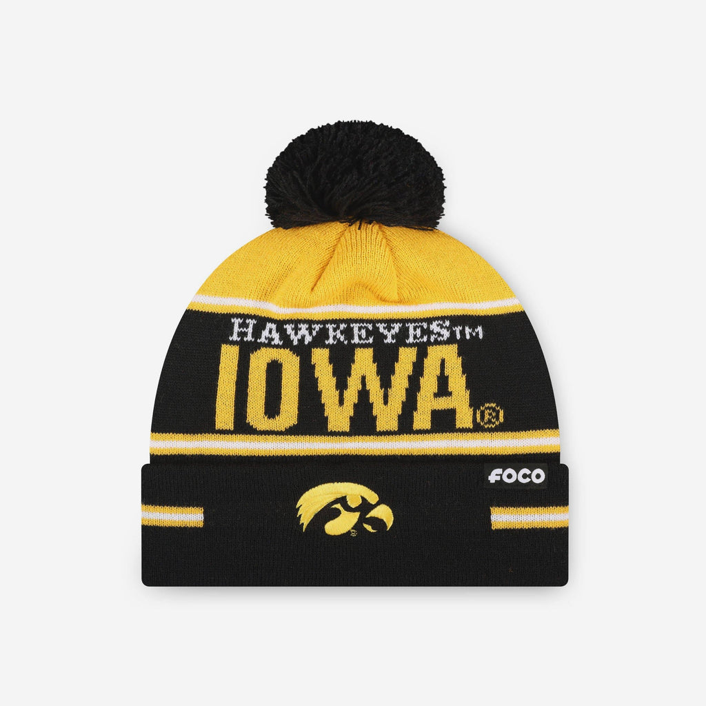 Iowa Hawkeyes Big Wordmark Stripe Pom Beanie FOCO - FOCO.com