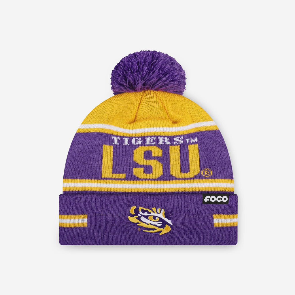 LSU Tigers Big Wordmark Stripe Pom Beanie FOCO - FOCO.com