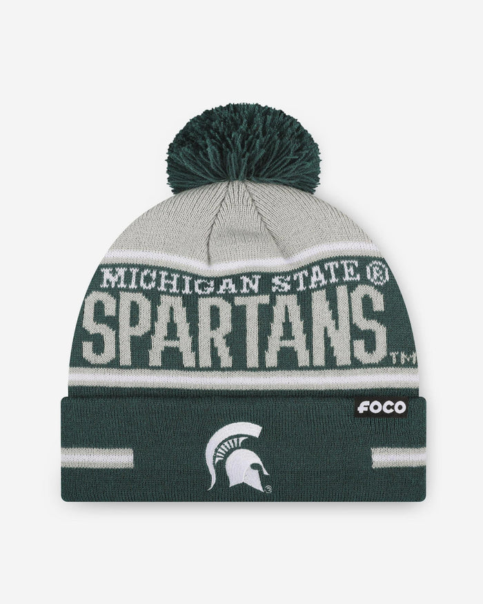 Michigan State Spartans Big Wordmark Stripe Pom Beanie FOCO - FOCO.com