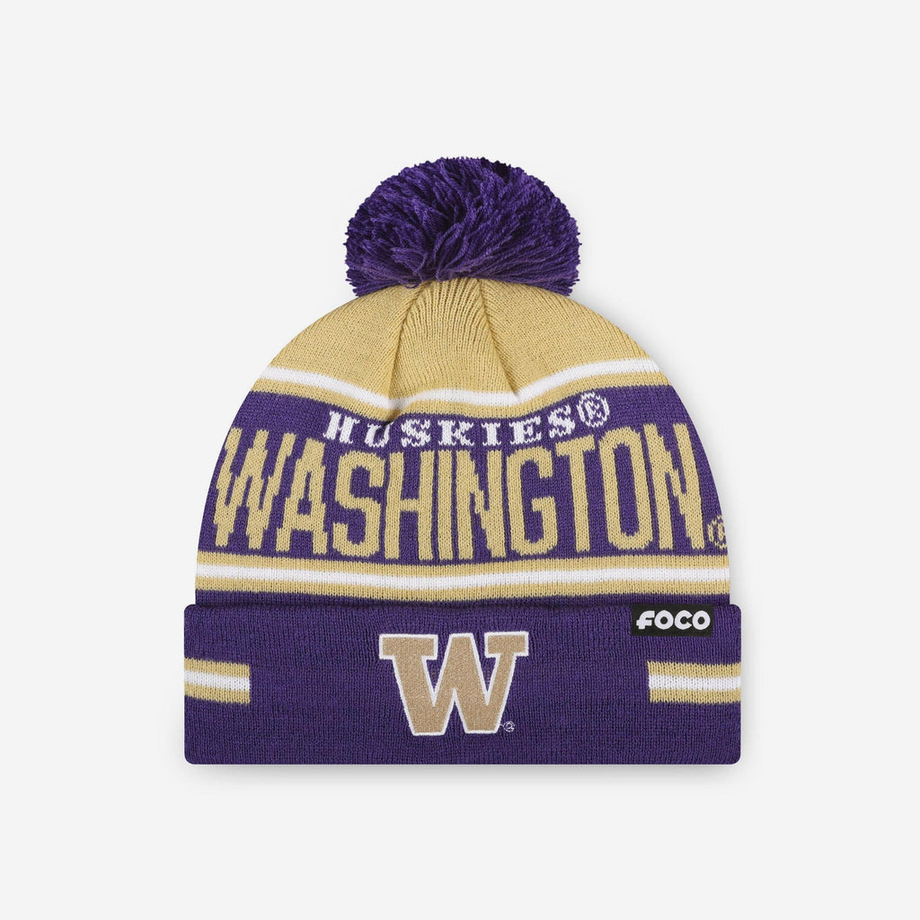 Washington Huskies Big Wordmark Stripe Pom Beanie FOCO - FOCO.com