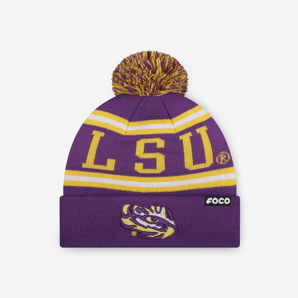 LSU Tigers Primary Stripe Pom Beanie FOCO - FOCO.com