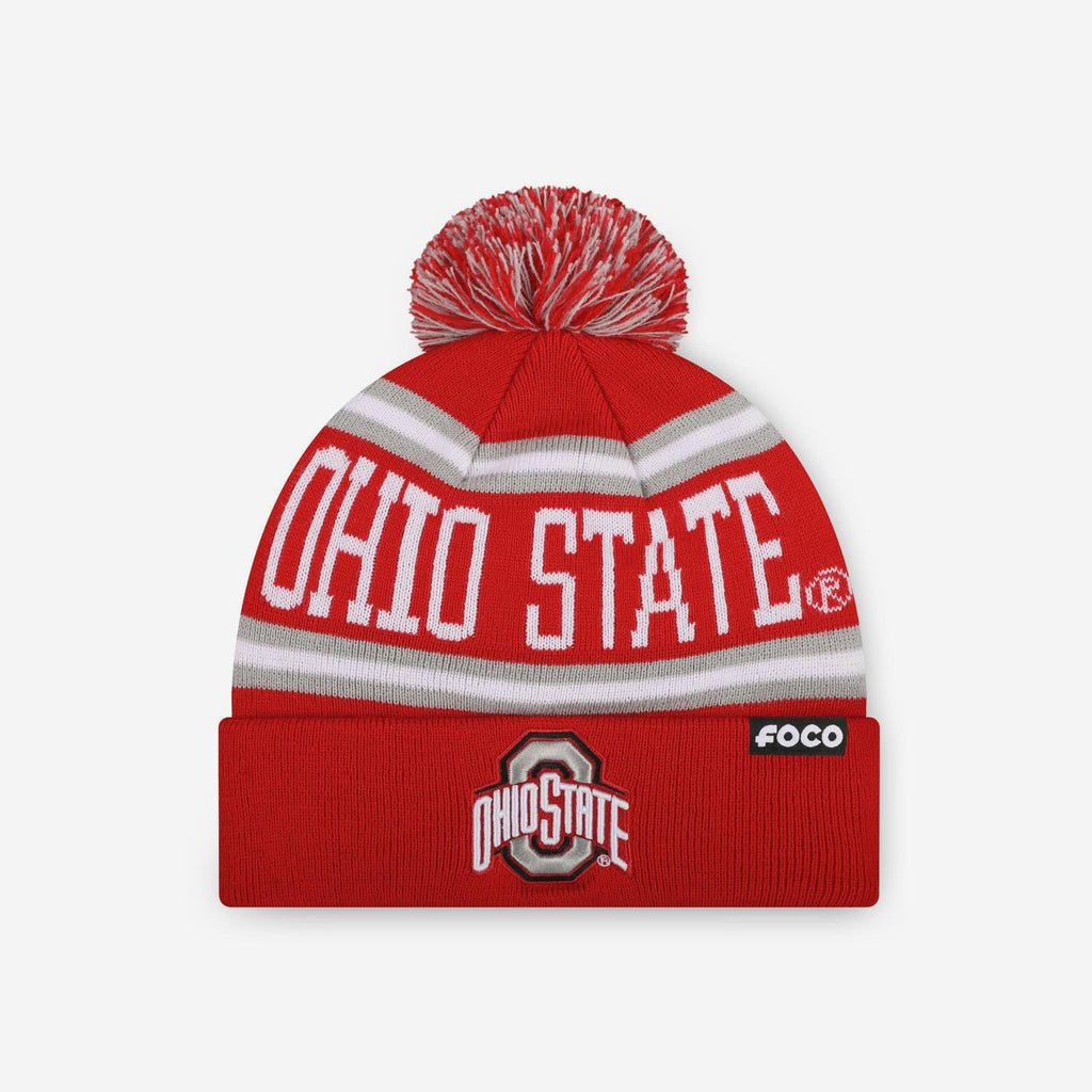 Ohio State Buckeyes Primary Stripe Pom Beanie FOCO - FOCO.com