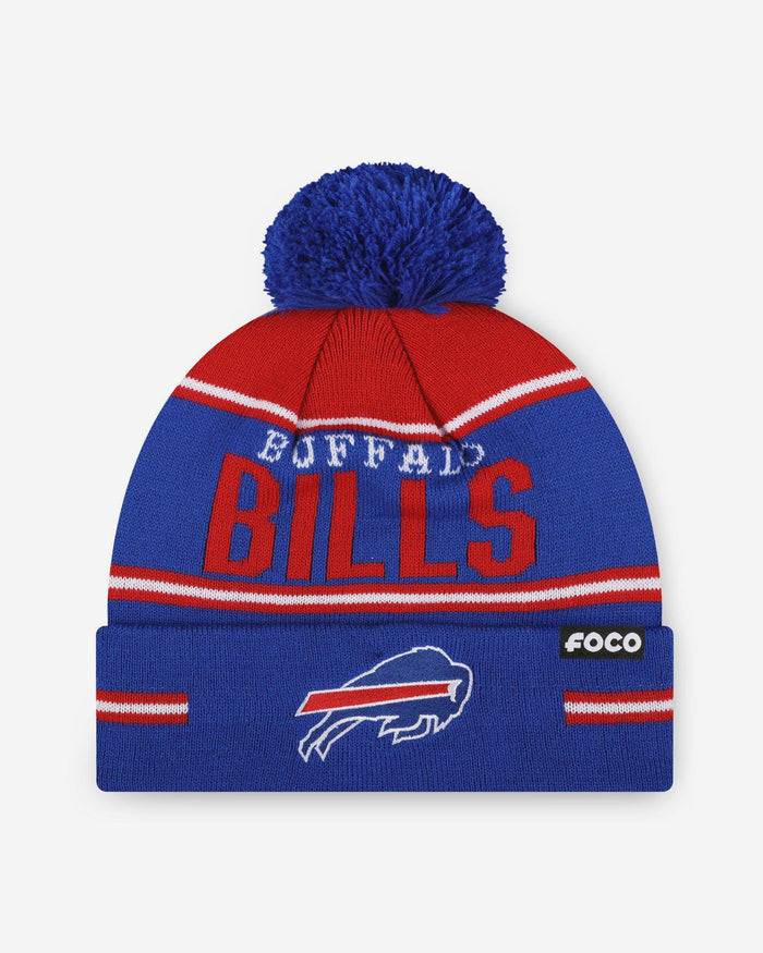 Buffalo Bills Big Wordmark Stripe Pom Beanie FOCO - FOCO.com