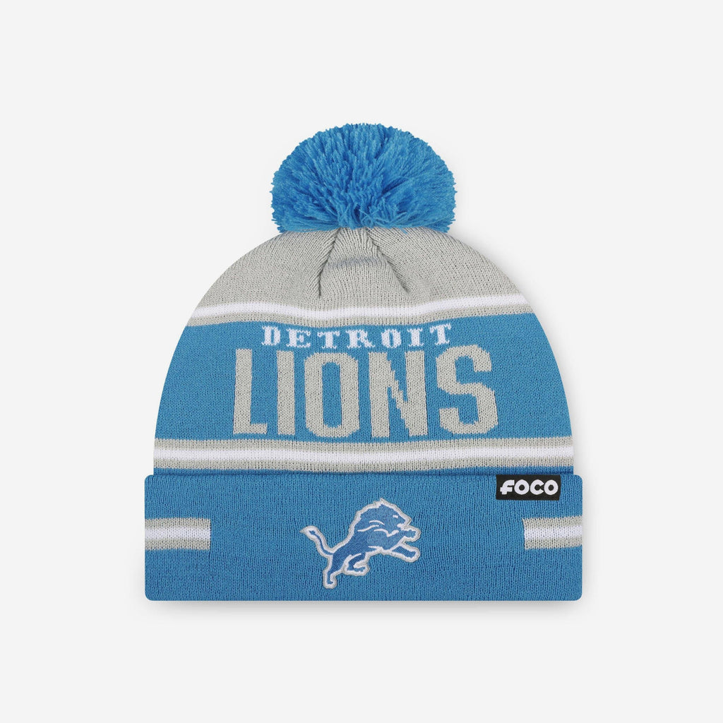 Detroit Lions Big Wordmark Stripe Pom Beanie FOCO - FOCO.com