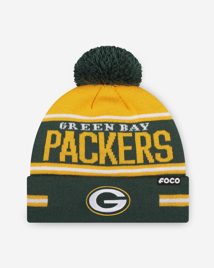 Green Bay Packers Big Wordmark Stripe Pom Beanie FOCO - FOCO.com