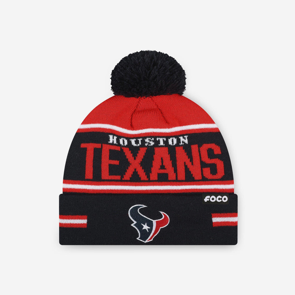 Houston Texans Big Wordmark Stripe Pom Beanie FOCO - FOCO.com