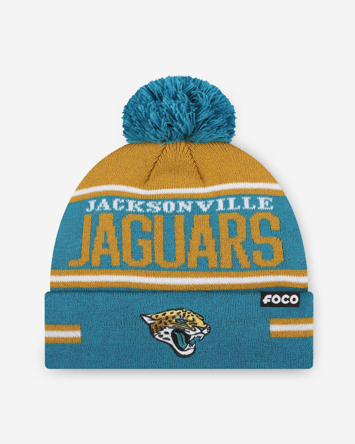 Jacksonville Jaguars Big Wordmark Stripe Pom Beanie FOCO - FOCO.com