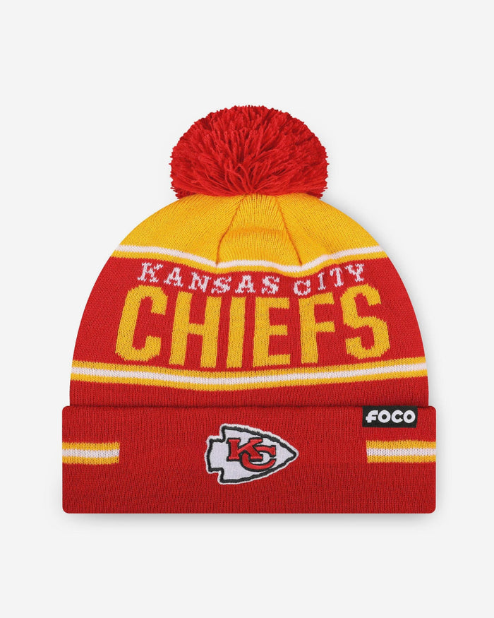 Kansas City Chiefs Big Wordmark Stripe Pom Beanie FOCO - FOCO.com