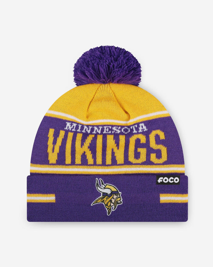 Minnesota Vikings Big Wordmark Stripe Pom Beanie FOCO - FOCO.com