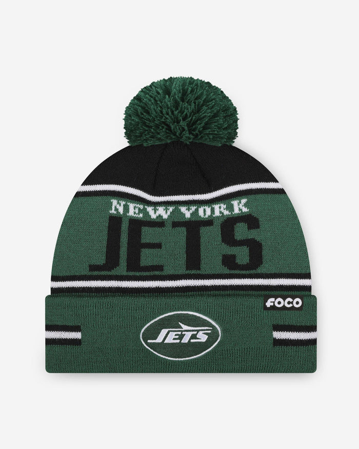 New York Jets Big Wordmark Stripe Pom Beanie FOCO - FOCO.com