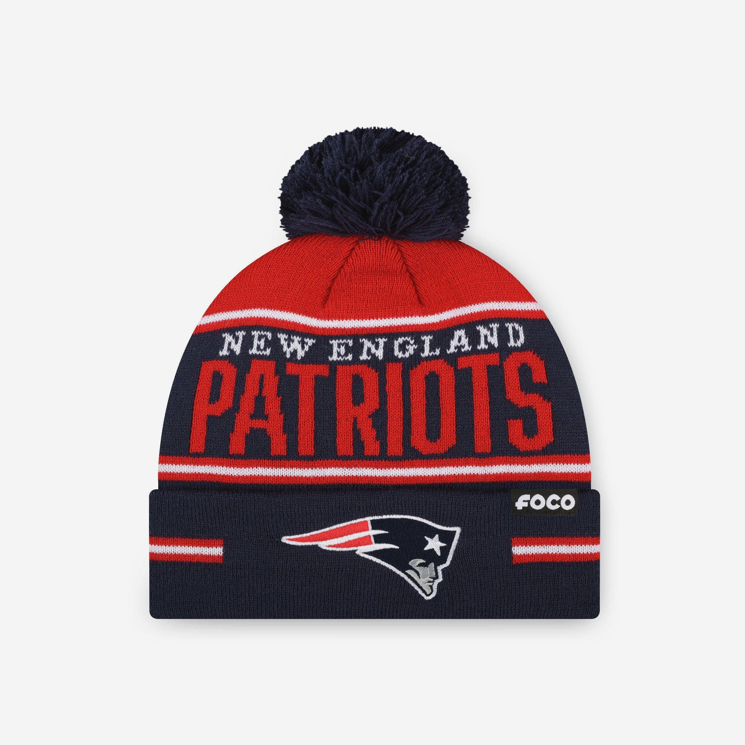 New England Patriots Big Wordmark Stripe Pom Beanie FOCO