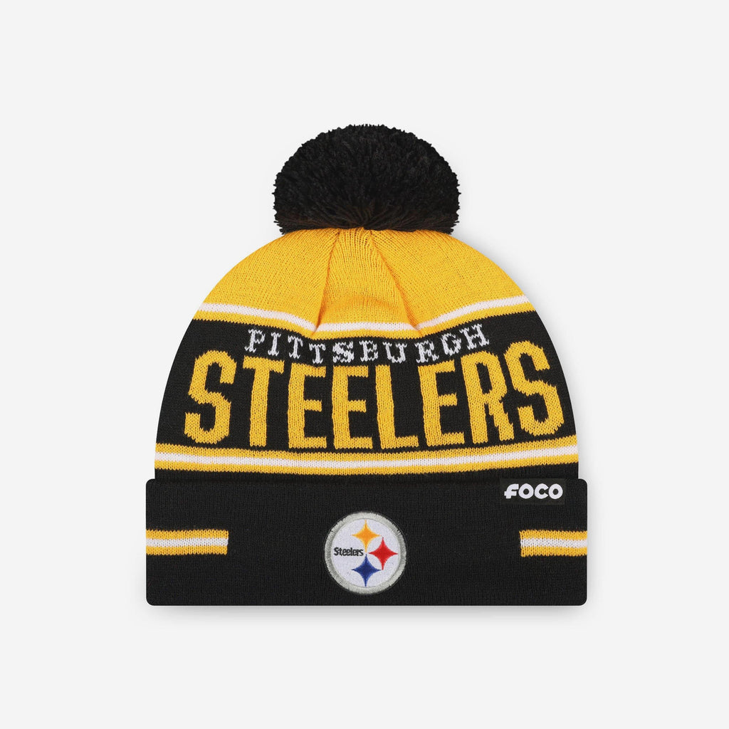 Pittsburgh Steelers Big Wordmark Stripe Pom Beanie FOCO - FOCO.com