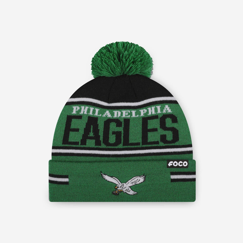Philadelphia Eagles Kelly Green Big Wordmark Stripe Pom Beanie FOCO - FOCO.com