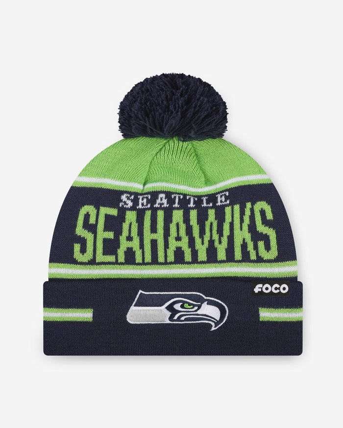 Seattle Seahawks Big Wordmark Stripe Pom Beanie FOCO - FOCO.com