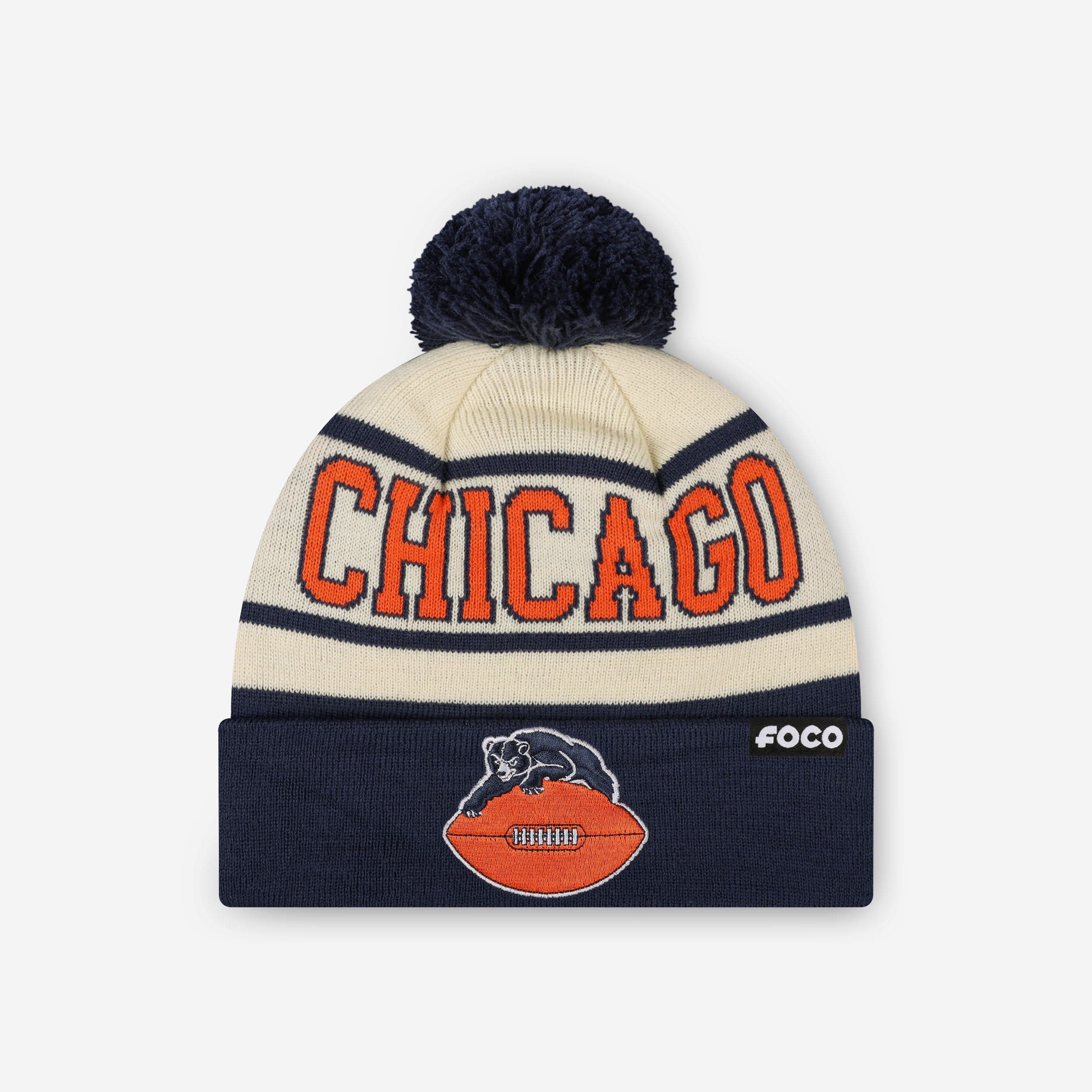 chicago bears hat that looks like a football helmet FOCO NFL Heritage Stripe Retro Logo Pom Beanie Matching an Aero Bike individual or in sets Size:1/8oz HNJ - Z502-bgw