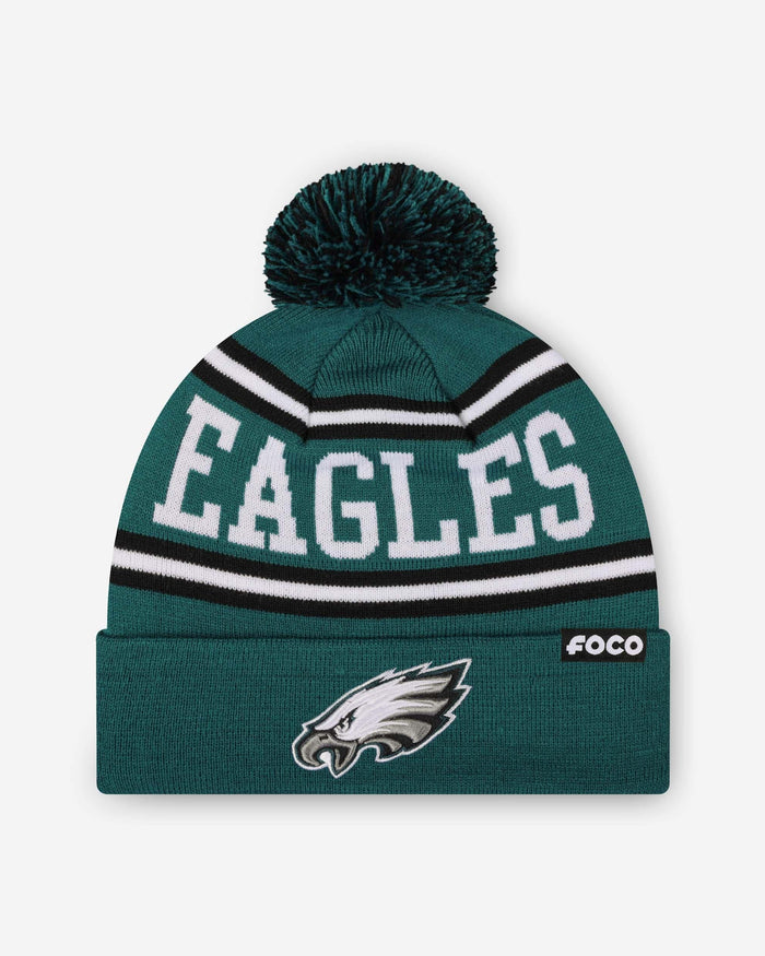 Philadelphia Eagles Primary Logo Stripe Pom Beanie FOCO - FOCO.com