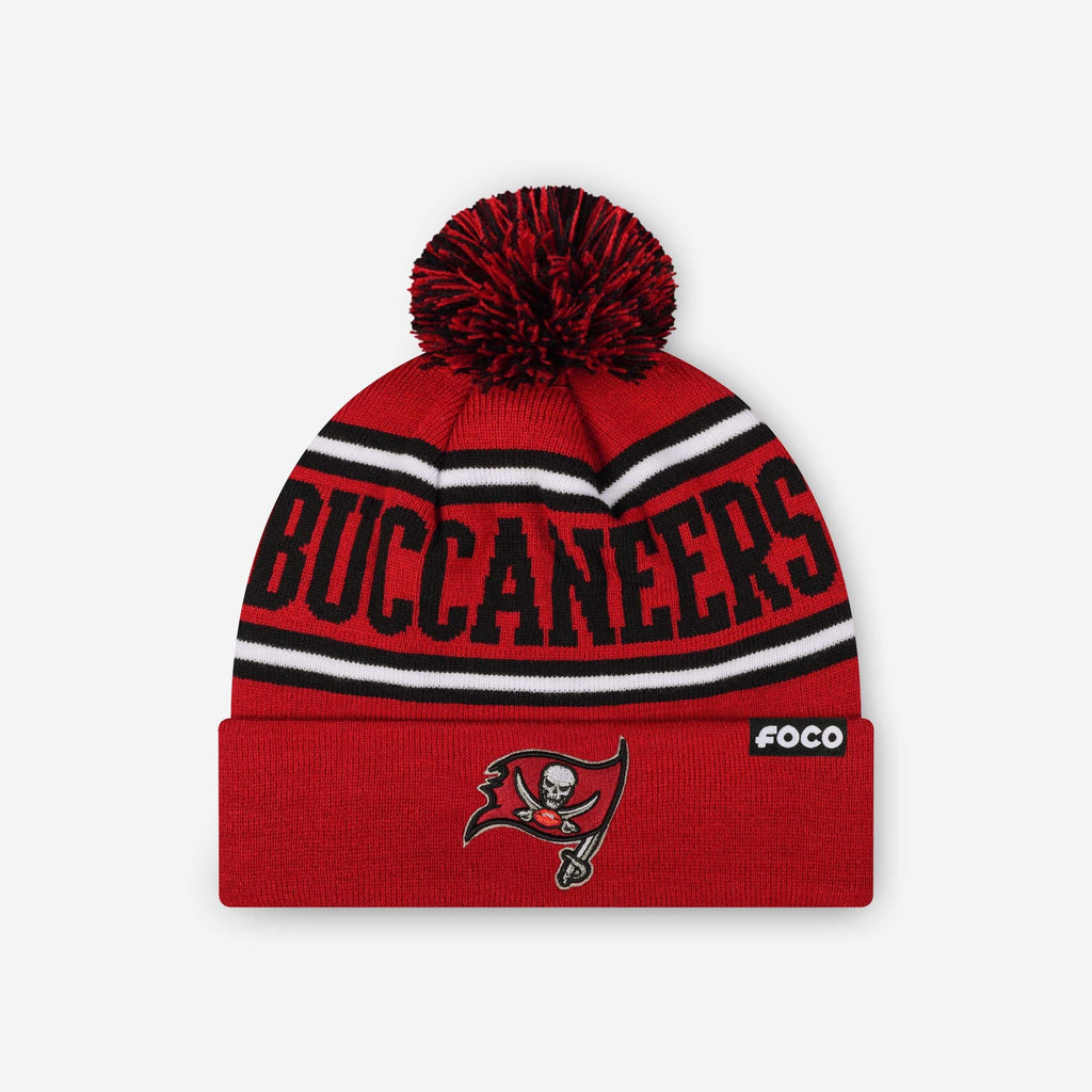 Tampa Bay Buccaneers Primary Logo Stripe Pom Beanie FOCO - FOCO.com