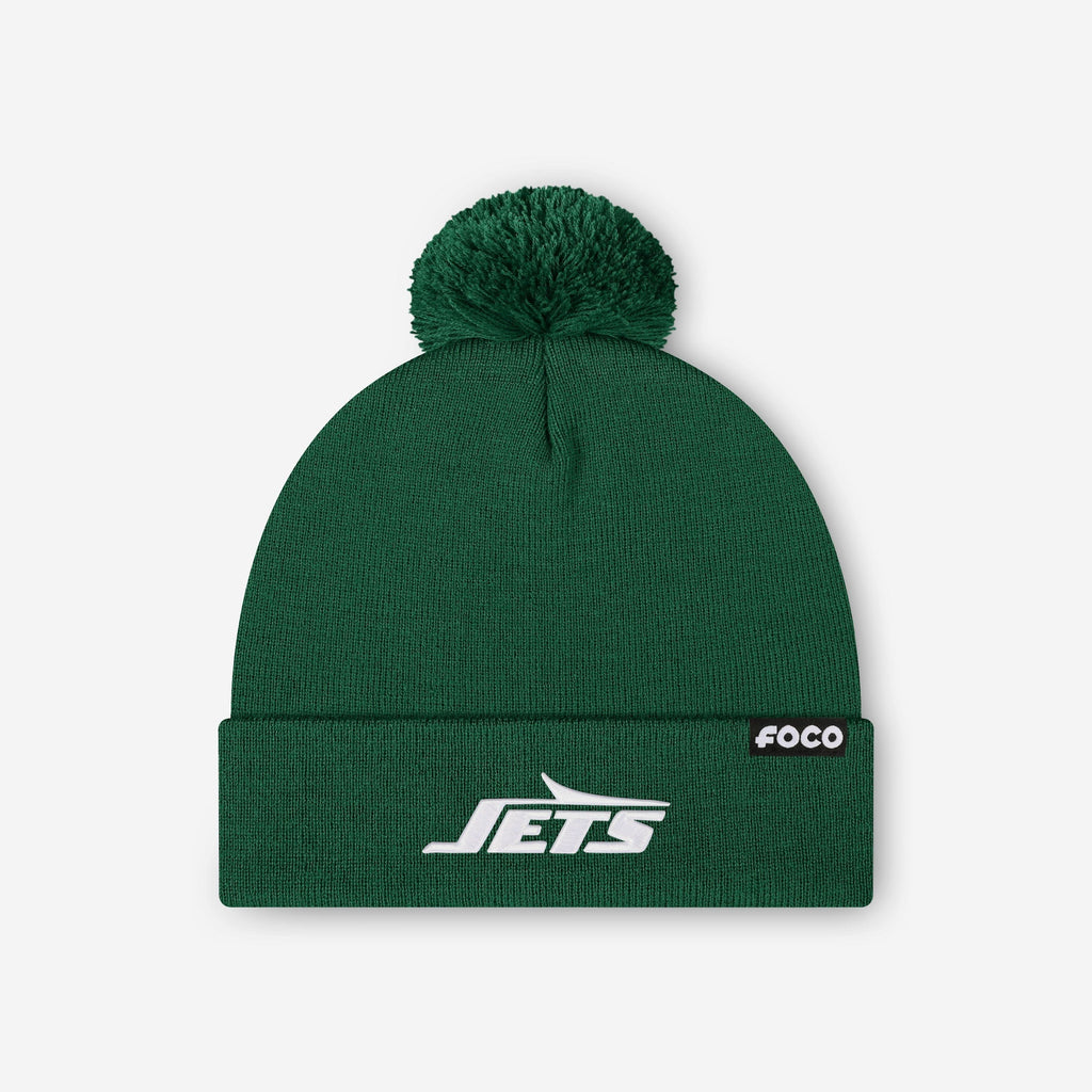 New York Jets Basic Primary Logo Pom Beanie FOCO Dark Green - FOCO.com