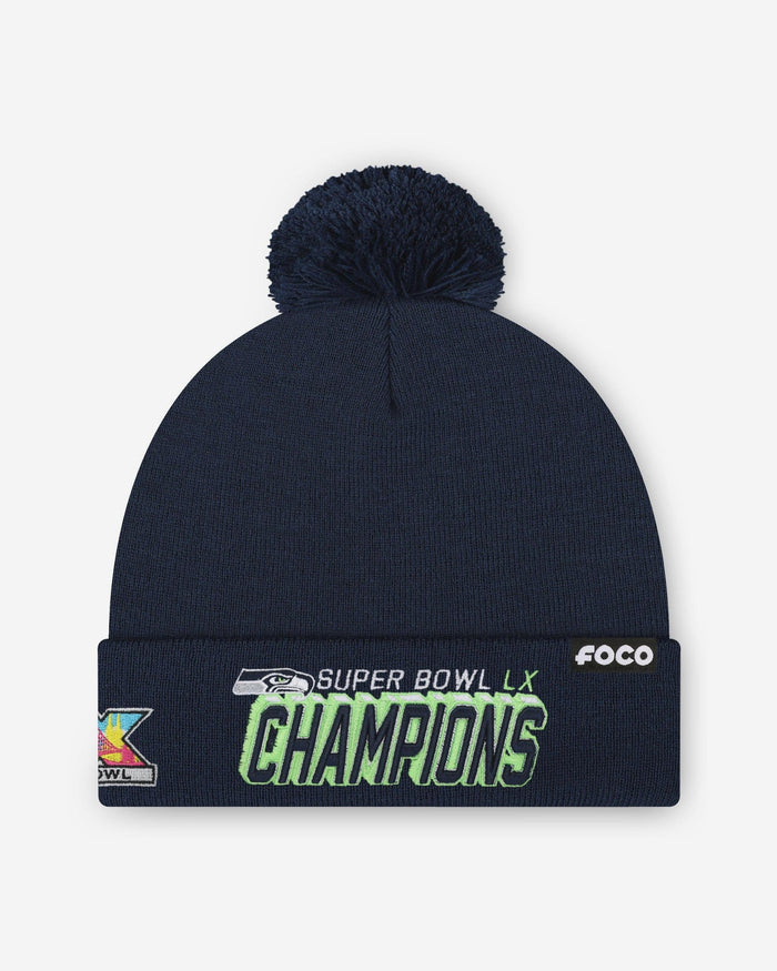 Seattle Seahawks Super Bowl LX Champions Basic Primary Logo Pom Beanie FOCO - FOCO.com