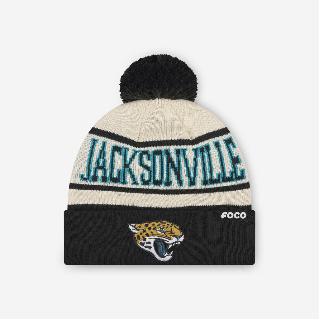 Jacksonville Jaguars Heritage Stripe Primary Logo Pom Beanie FOCO - FOCO.com
