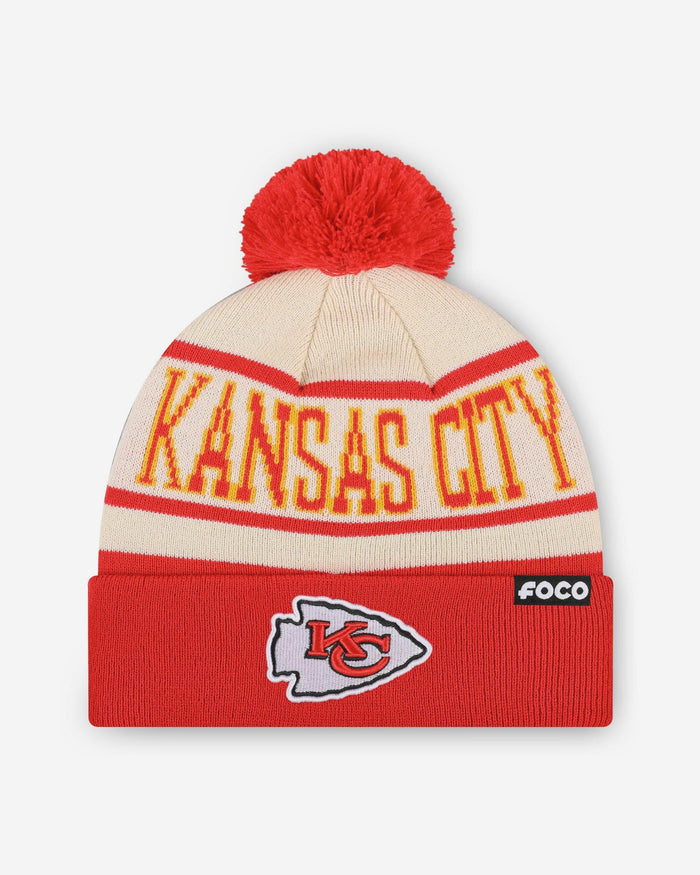 Kansas City Chiefs Heritage Stripe Primary Logo Pom Beanie FOCO - FOCO.com