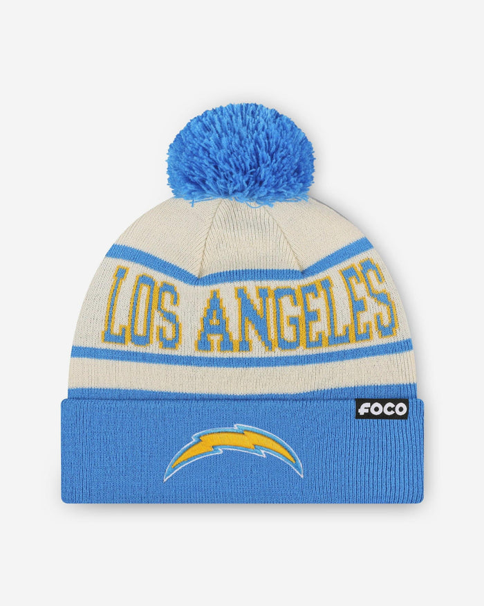 Los Angeles Chargers Heritage Stripe Primary Logo Pom Beanie FOCO - FOCO.com