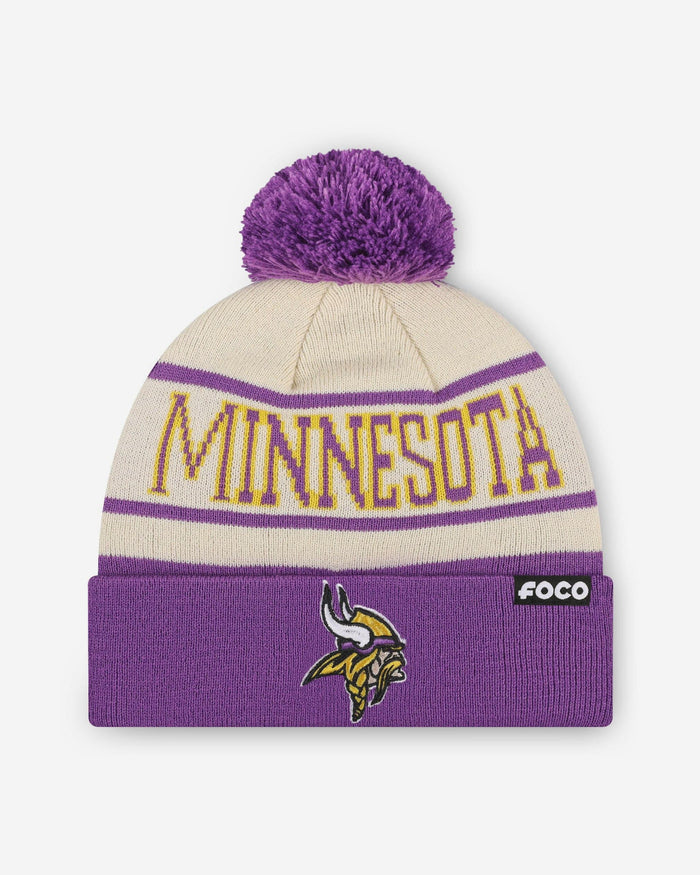 Minnesota Vikings Heritage Stripe Primary Logo Pom Beanie FOCO - FOCO.com