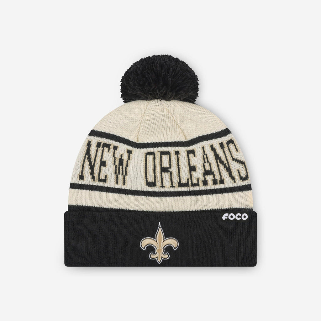 New Orleans Saints Heritage Stripe Primary Logo Pom Beanie FOCO - FOCO.com