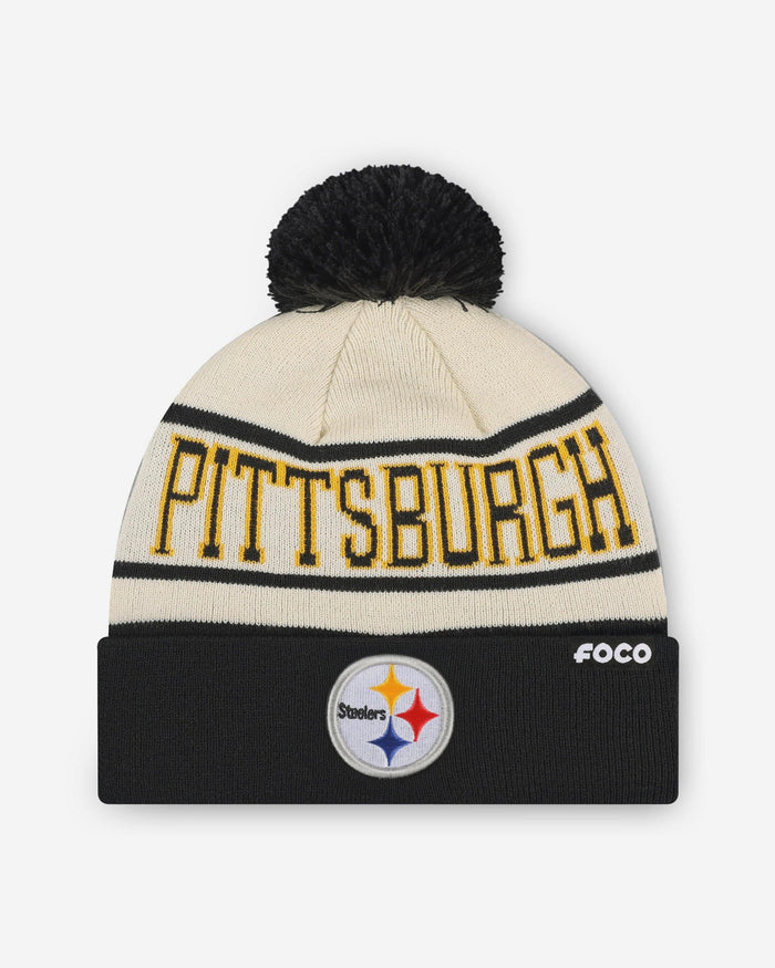 Pittsburgh Steelers Heritage Stripe Primary Logo Pom Beanie FOCO - FOCO.com