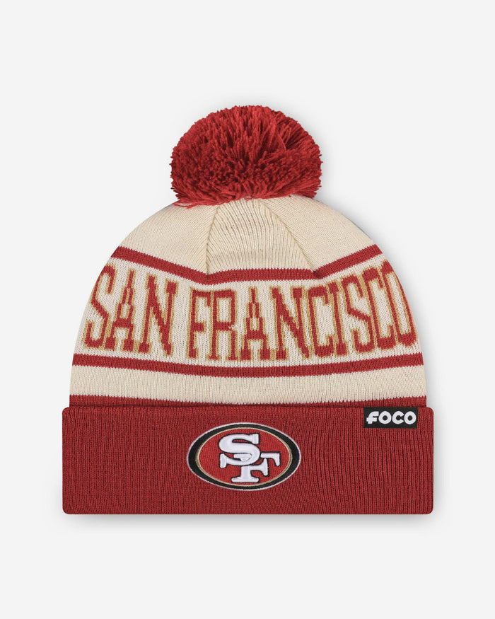 San Francisco 49ers Heritage Stripe Primary Logo Pom Beanie FOCO - FOCO.com