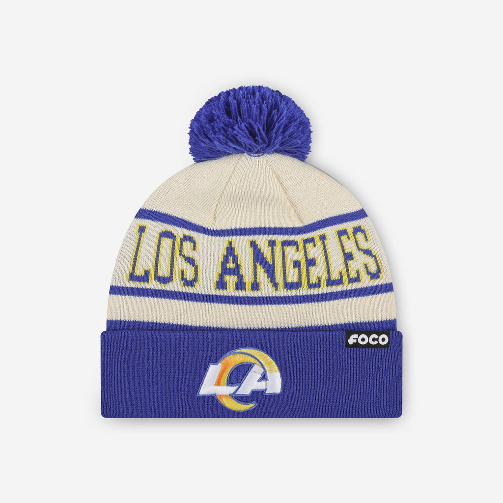 Los Angeles Rams Heritage Stripe Primary Logo Pom Beanie FOCO - FOCO.com