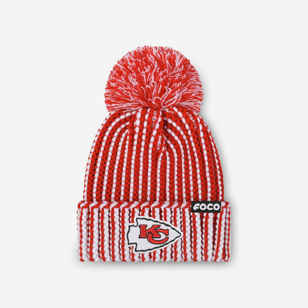 Kansas City Chiefs Primary Logo Vertical Knit Pom Beanie FOCO - FOCO.com