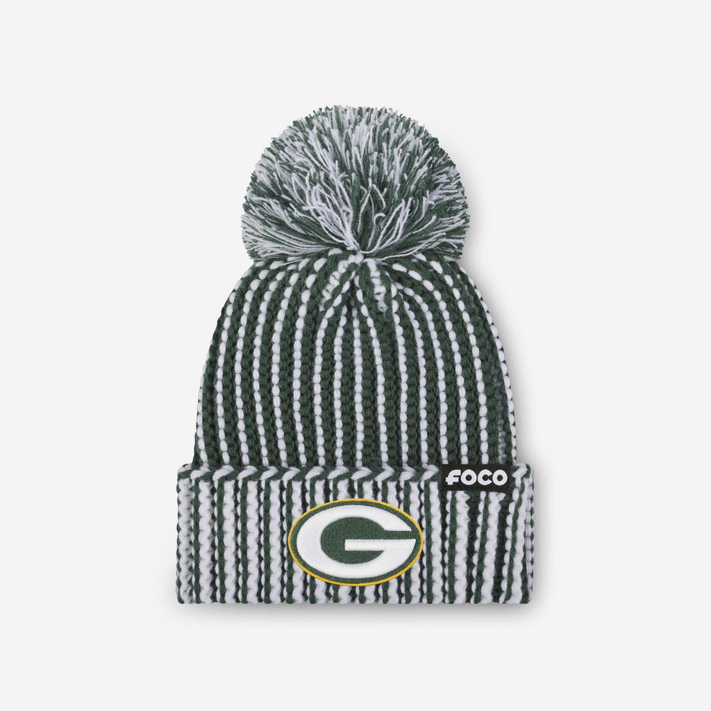 Green Bay Packers Primary Logo Vertical Knit Pom Beanie FOCO - FOCO.com