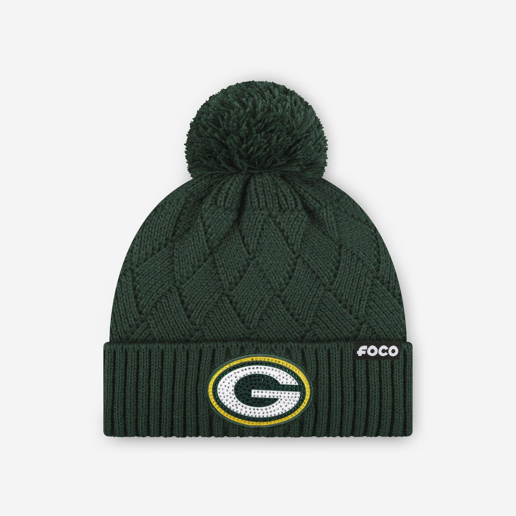 Green Bay Packers Rhinestone Primary Logo Criss Cross Beanie FOCO - FOCO.com