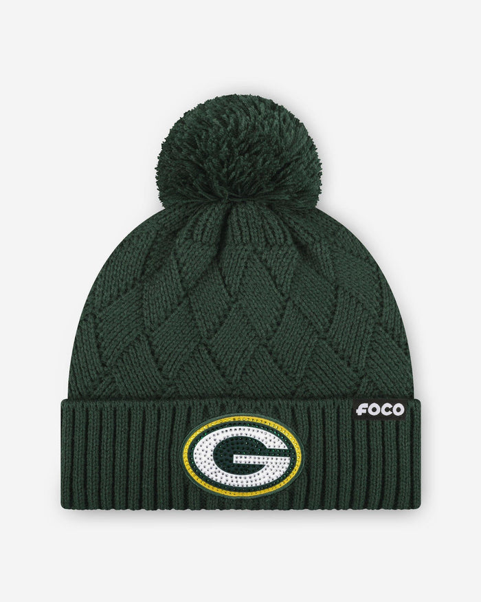 Green Bay Packers Rhinestone Primary Logo Criss Cross Beanie FOCO - FOCO.com