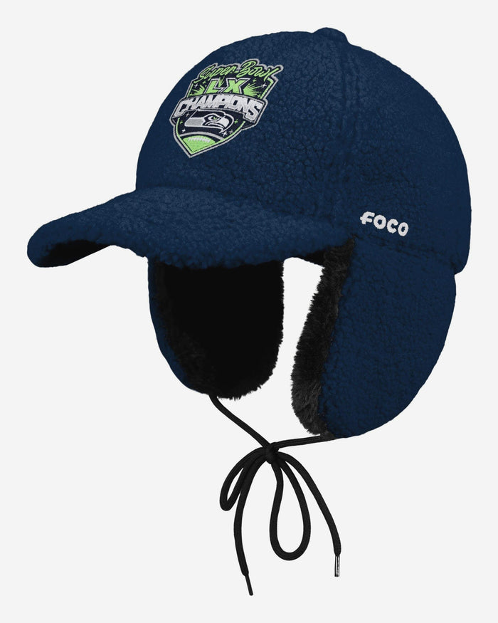 Seattle Seahawks Super Bowl LX Champions Sherpa Trapper Cap FOCO - FOCO.com