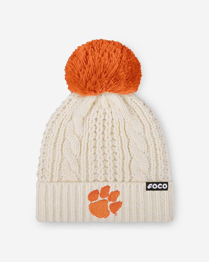 Clemson Tigers Womens Primary Logo White Cable Knit Pom Beanie FOCO - FOCO.com
