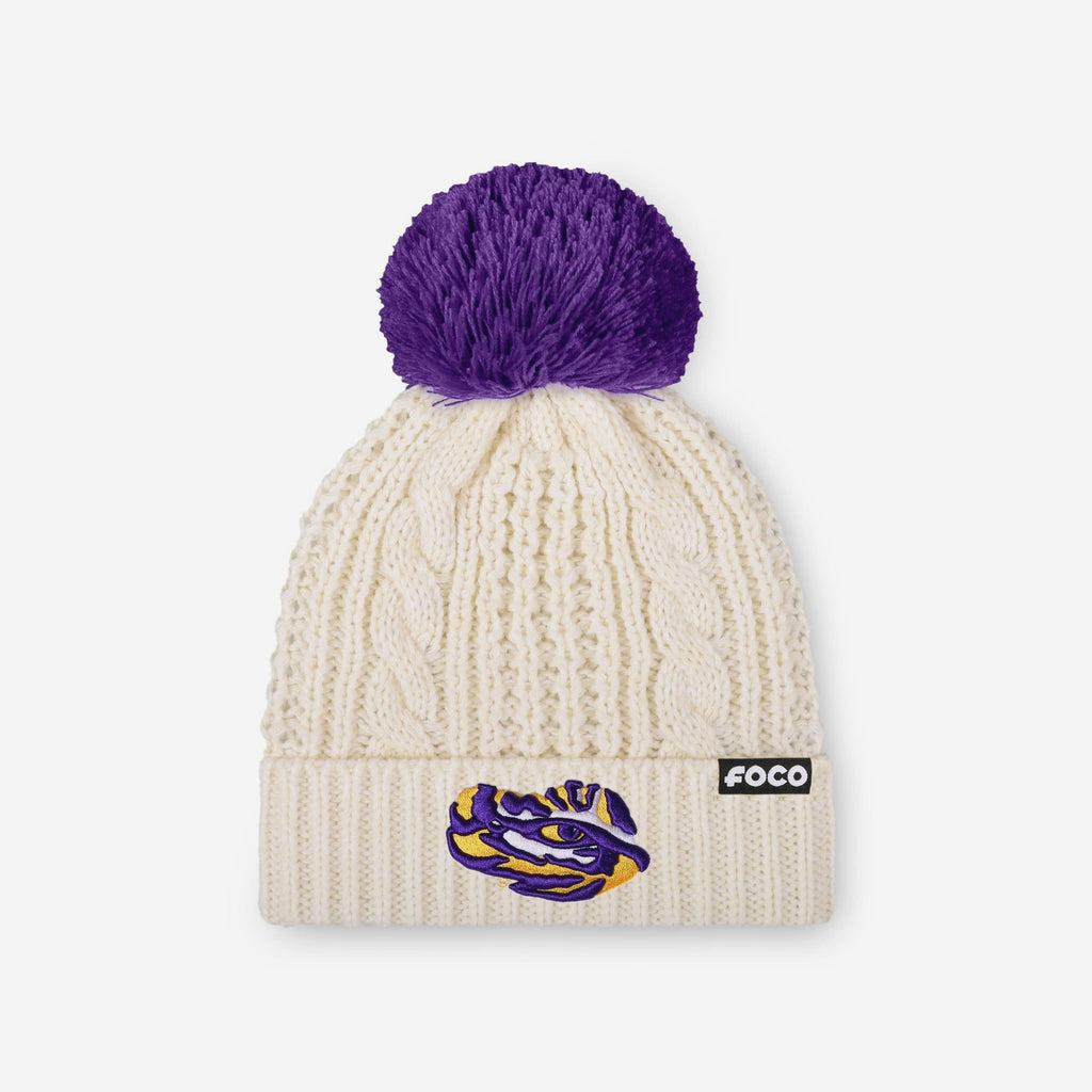 LSU Tigers Womens Primary Logo White Cable Knit Pom Beanie FOCO - FOCO.com