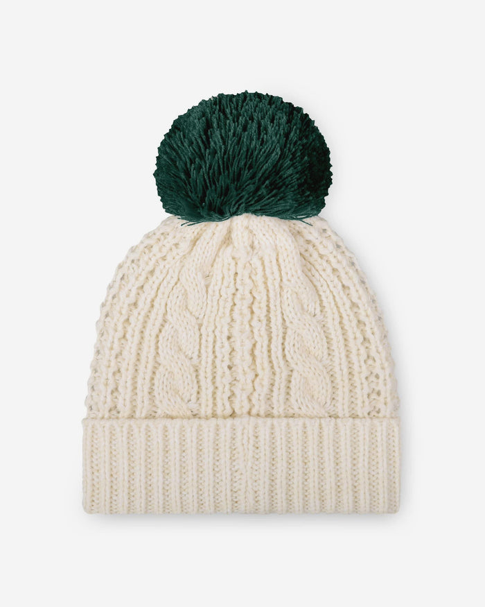 Michigan State Spartans Womens Primary Logo White Cable Knit Pom Beanie FOCO - FOCO.com