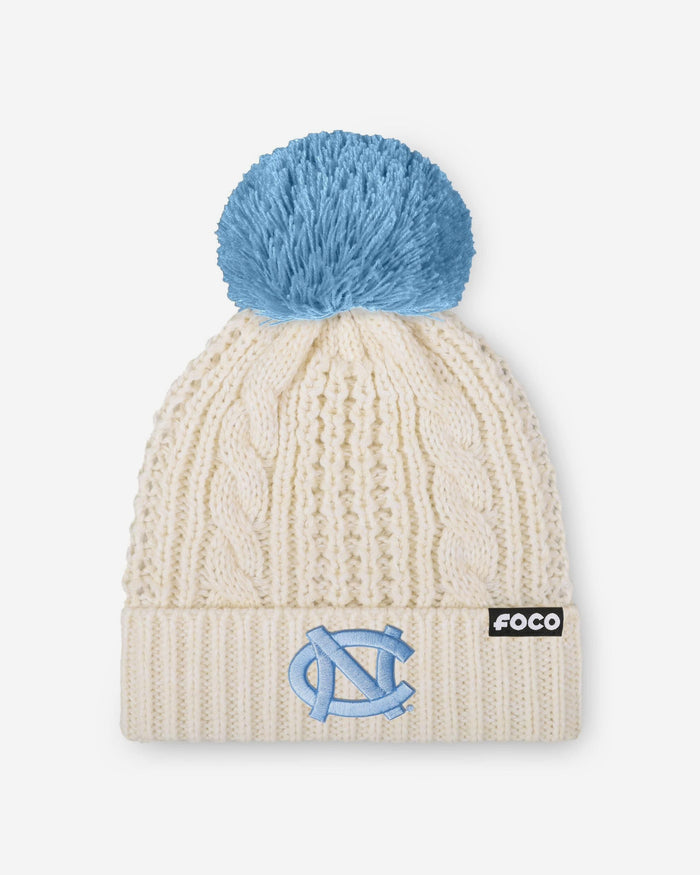 North Carolina Tar Heels Womens Primary Logo White Cable Knit Pom Beanie FOCO - FOCO.com